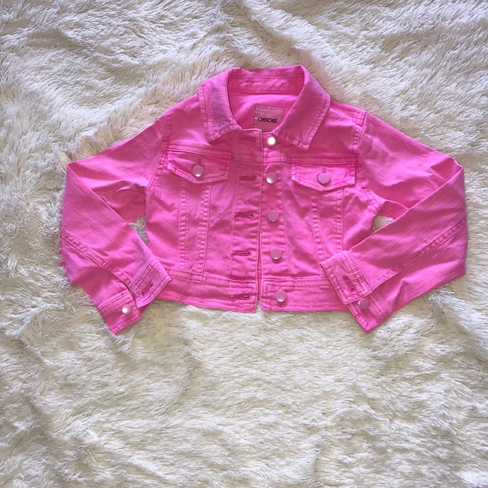 Neon pink waist length denim button up jacket